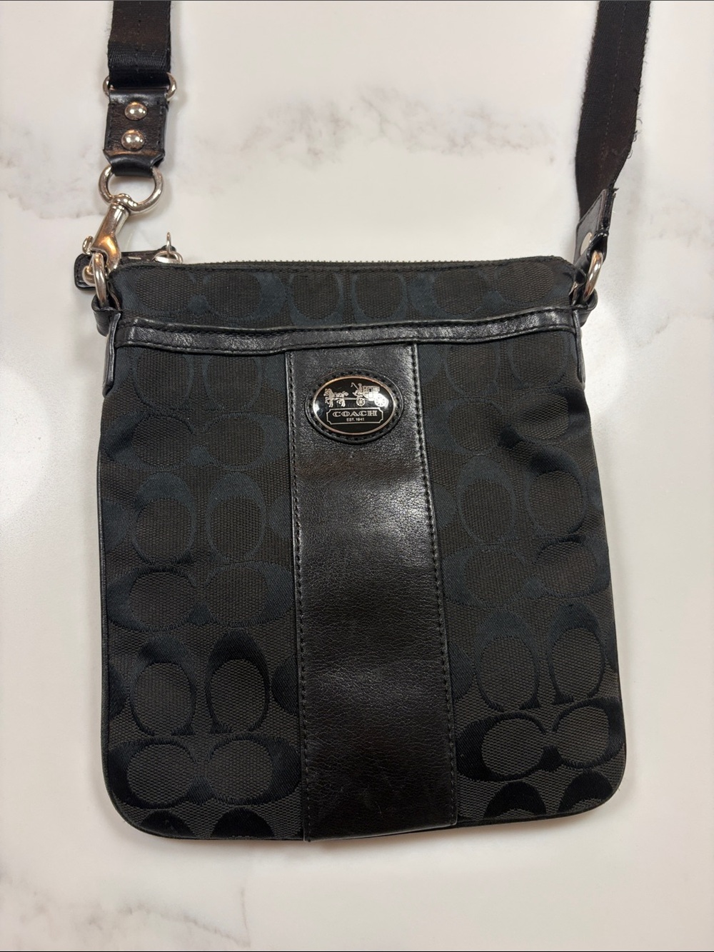 Coach Black Signature Crossbody with Leather Trim
